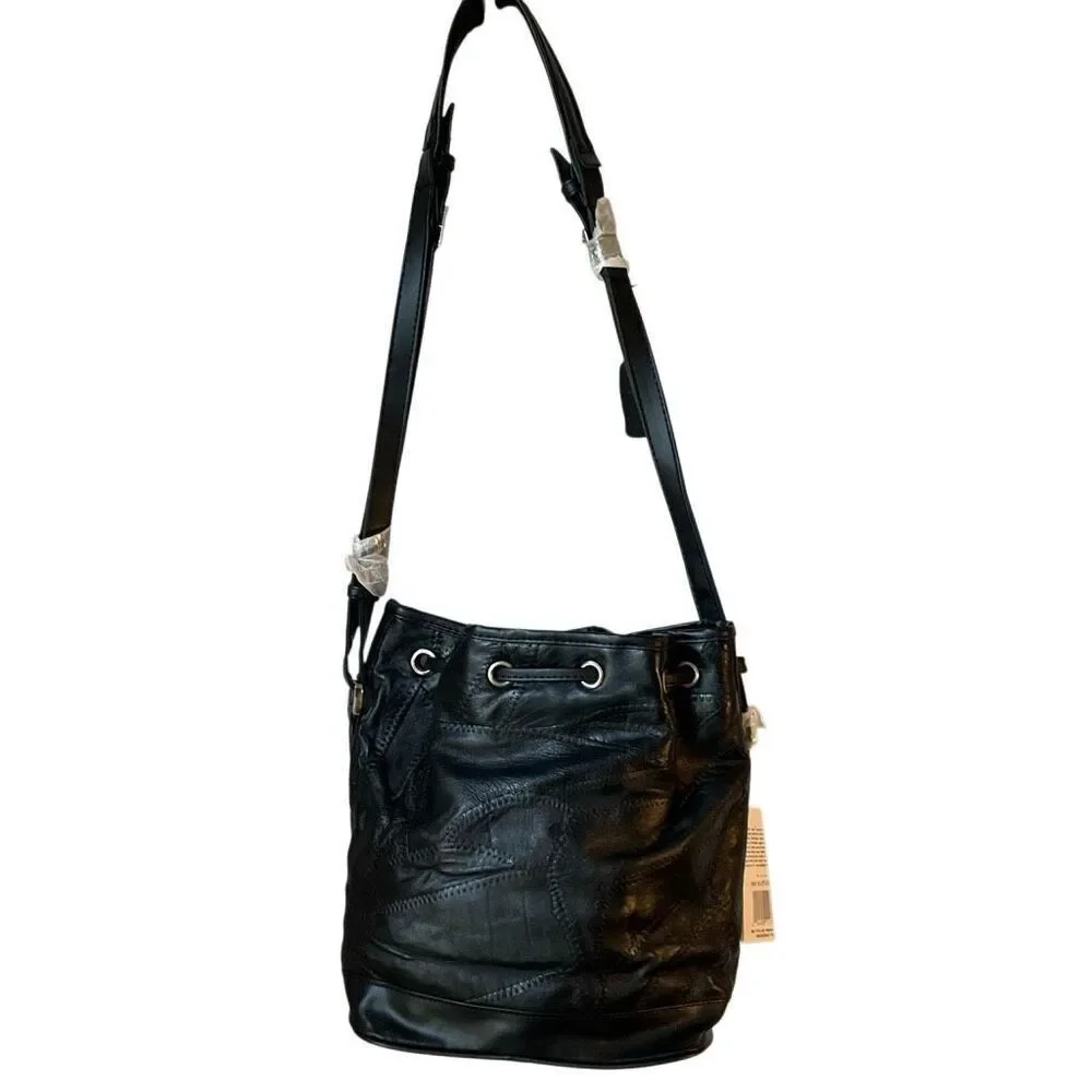 Maxam Lambskin Patchwork Mosaic Drawstring Bag, Black NWT Vintage